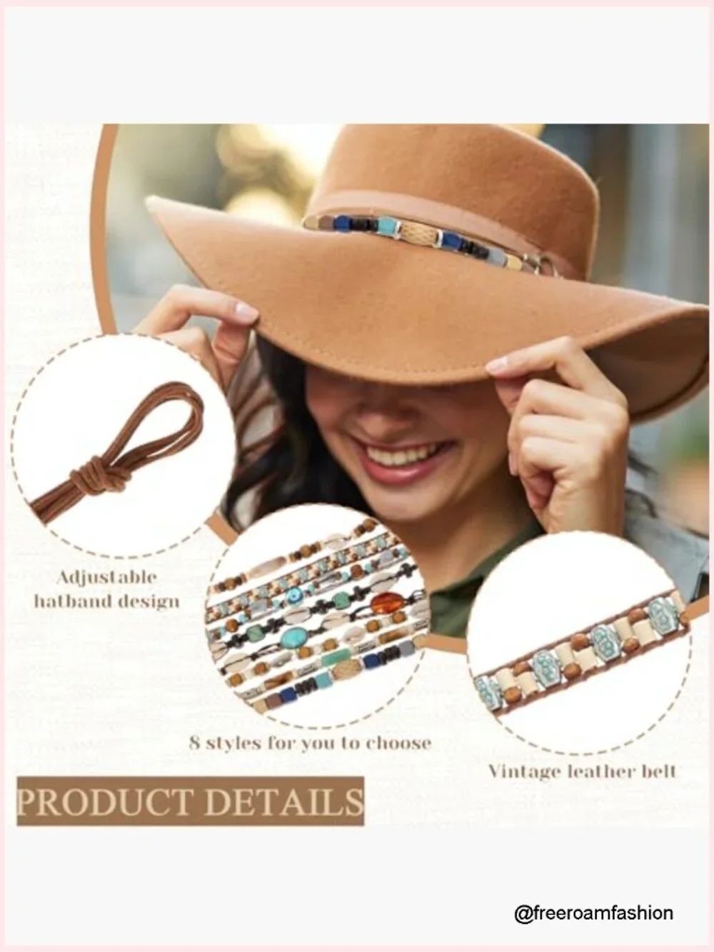 8pcs Ethnic Beaded Hat Bands - Western Cowboy Hat Belts for Women Men